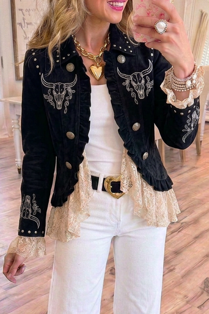 Black Western Bull Skull Embroidery Studded Ruffle Jacket