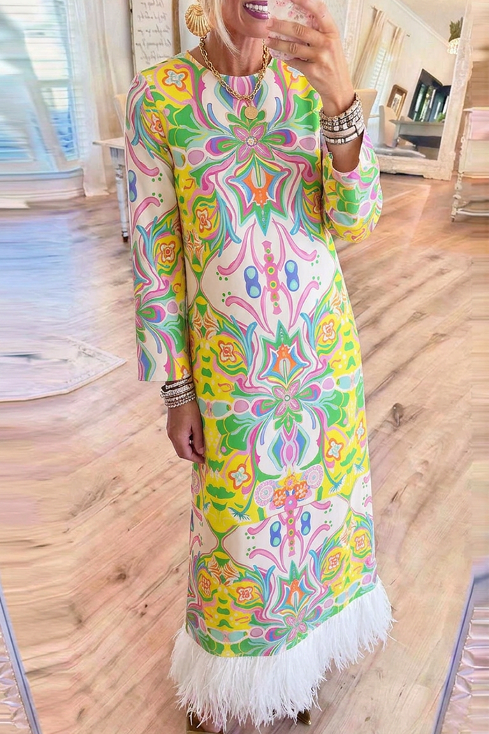 Psychedelic Floral Round Neck Long Sleeve Fringe Hem Maxi Dress
