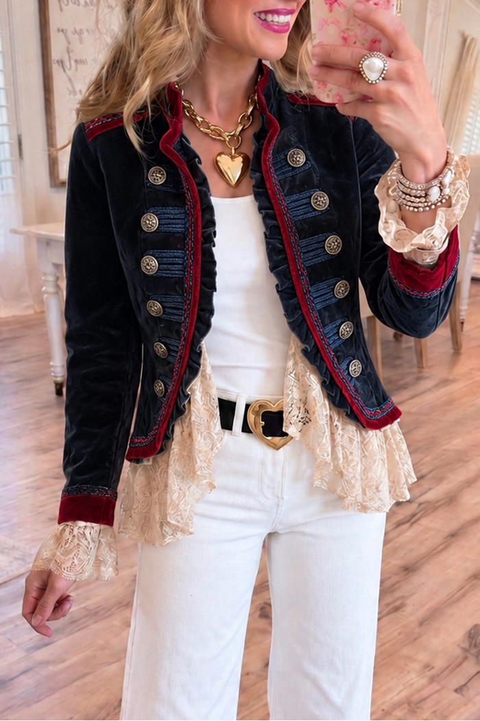 Vintage Button Velvet Ruffle Jacket
