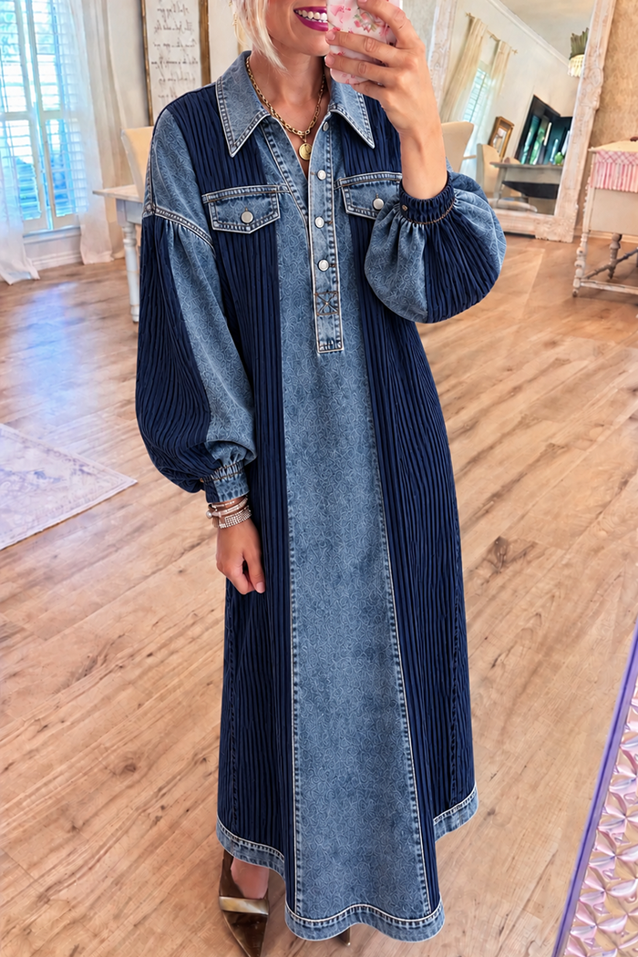Symmetric Balloon Sleeve Panel Denim Maxi Dress