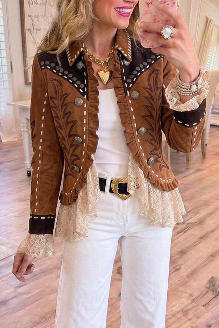 Brown Western Leaf Stud Ruffle Lace Hem Jacket