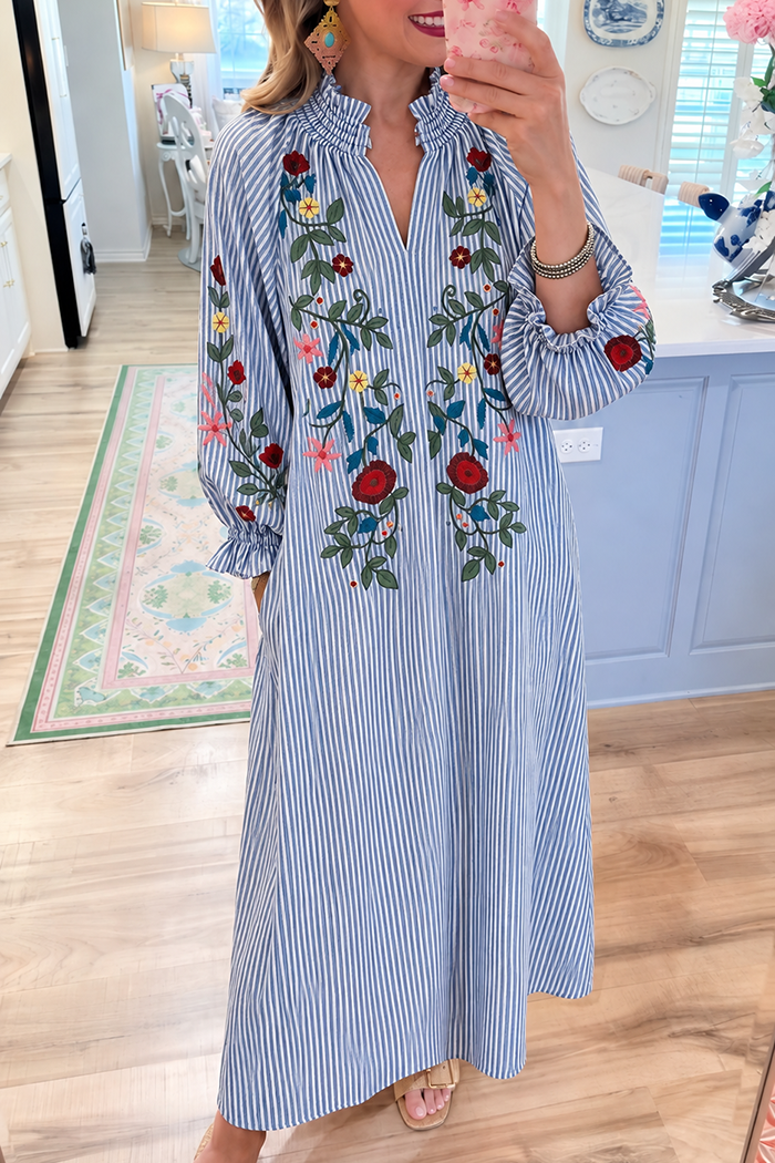 Blue Stripe Embroidered Pocket Maxi Dress