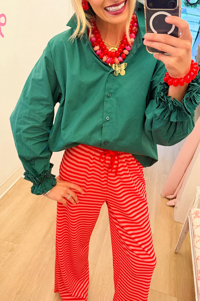 Hunter Green Ruffle Cuff Collared Top