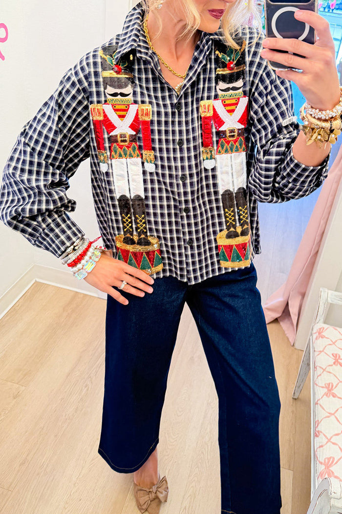 Navy Plaid Nutcracker Sequin Top
