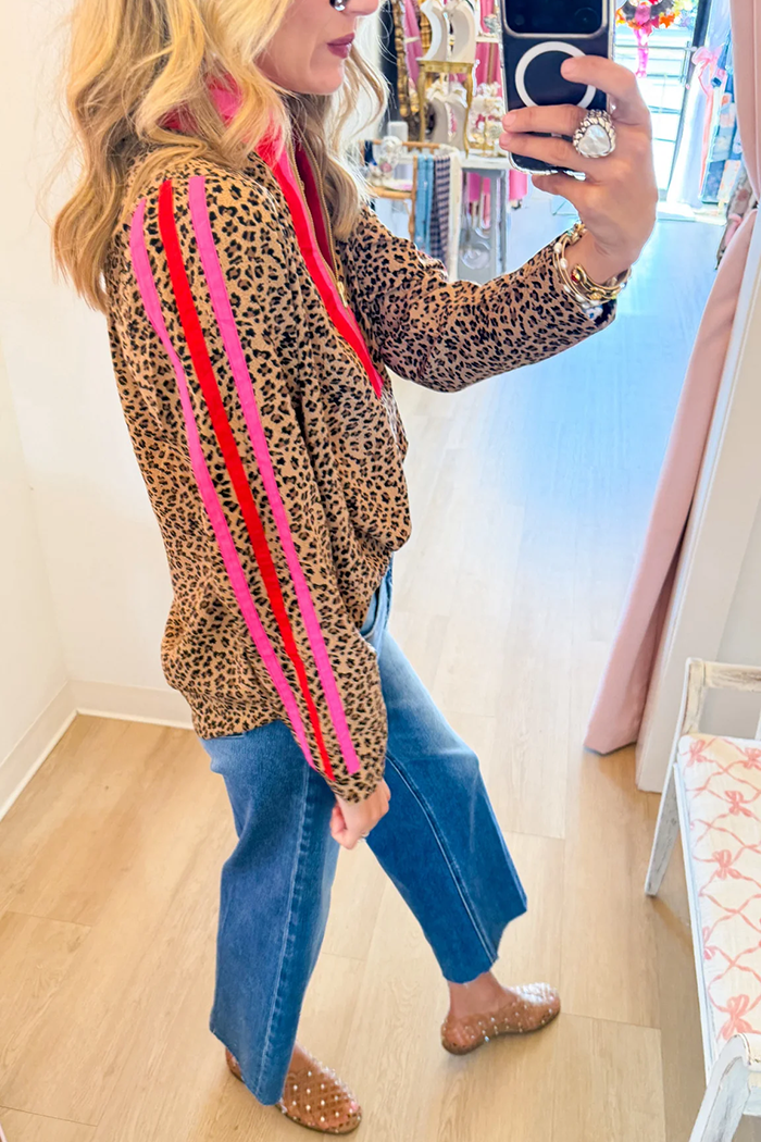 Leopard Contrast Stripe Front Zip Top
