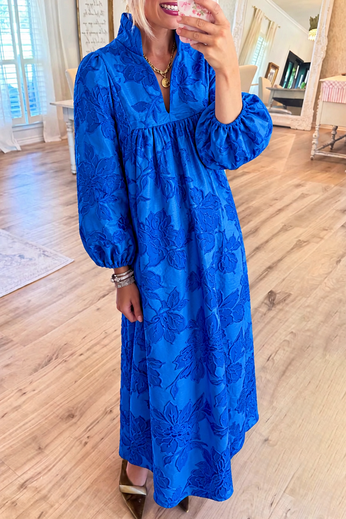 Bright Blue Floral Jacquard Long Sleeve Maxi Dress
