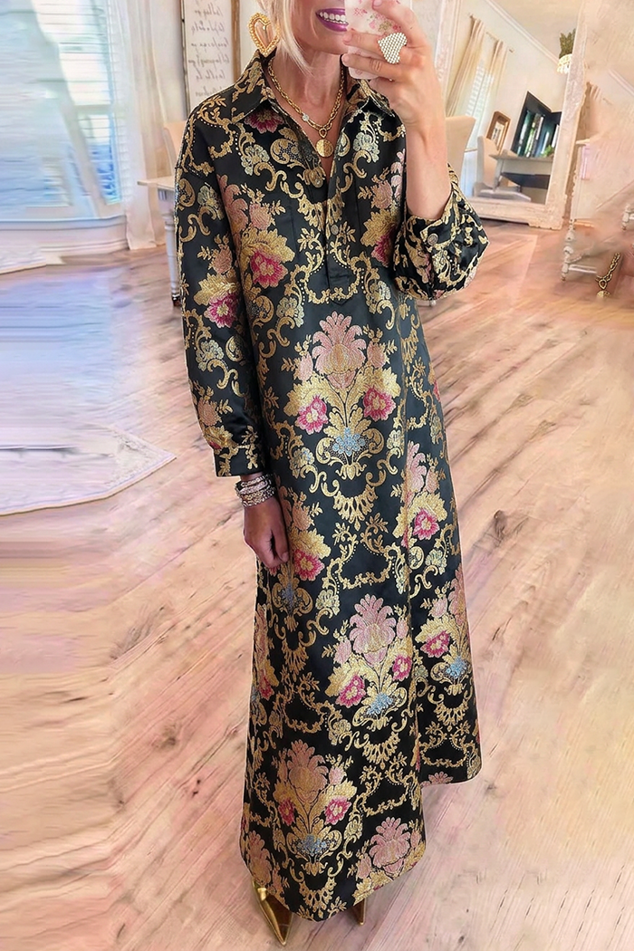 Black Baroque Floral Collared Long Sleeve Maxi Dress