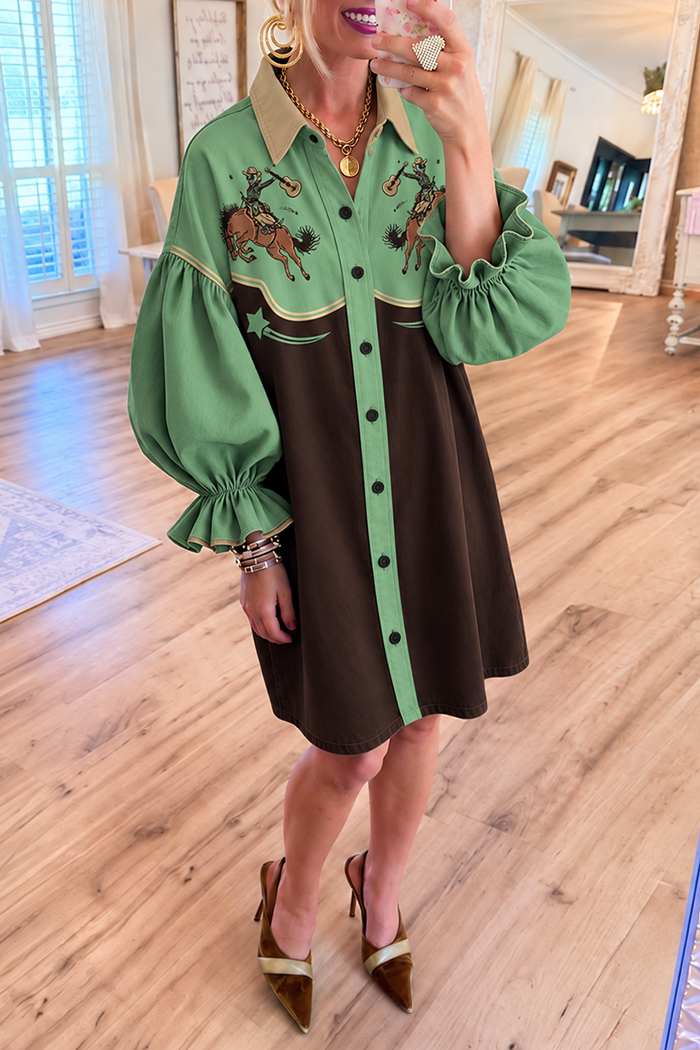 Green Denim Cowboy Bubble Ruffle Sleeve Pockets Dress