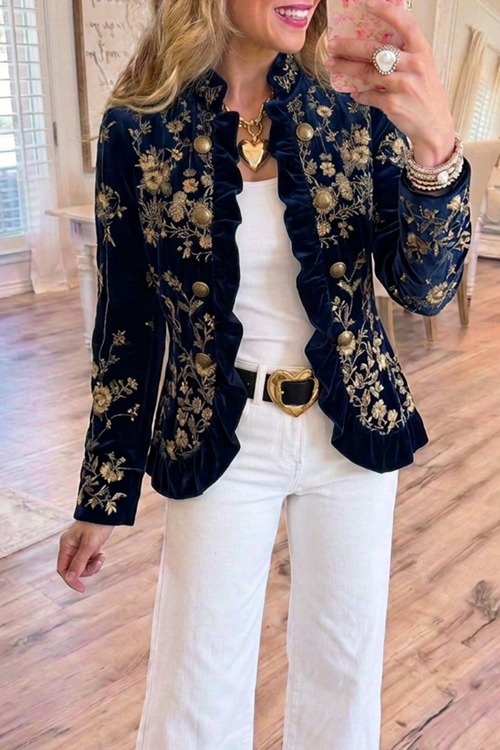 Navy Blue Velvet Gold Floral Ruffle Trim Cropped Jacket