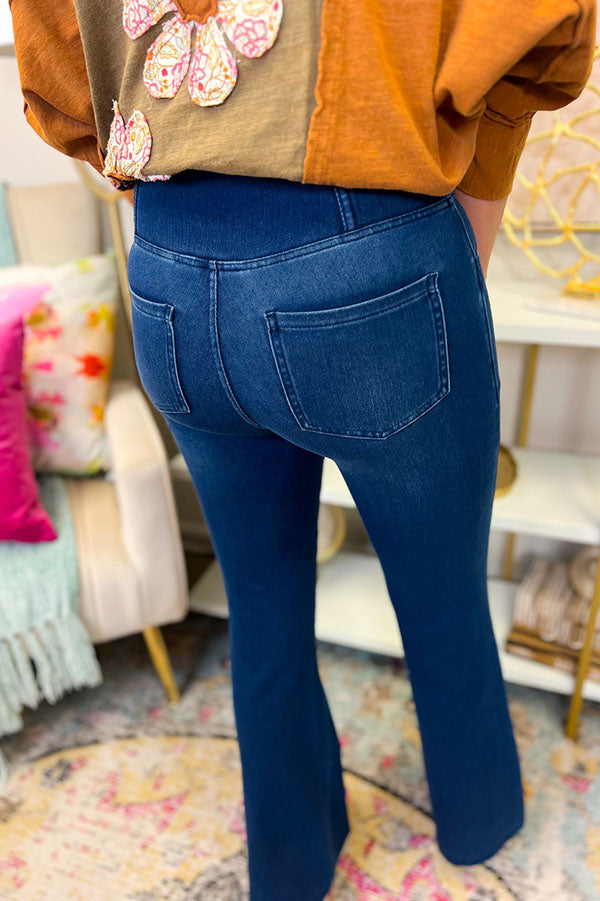Stretchy Criss Cross Waistband Flares Jeans