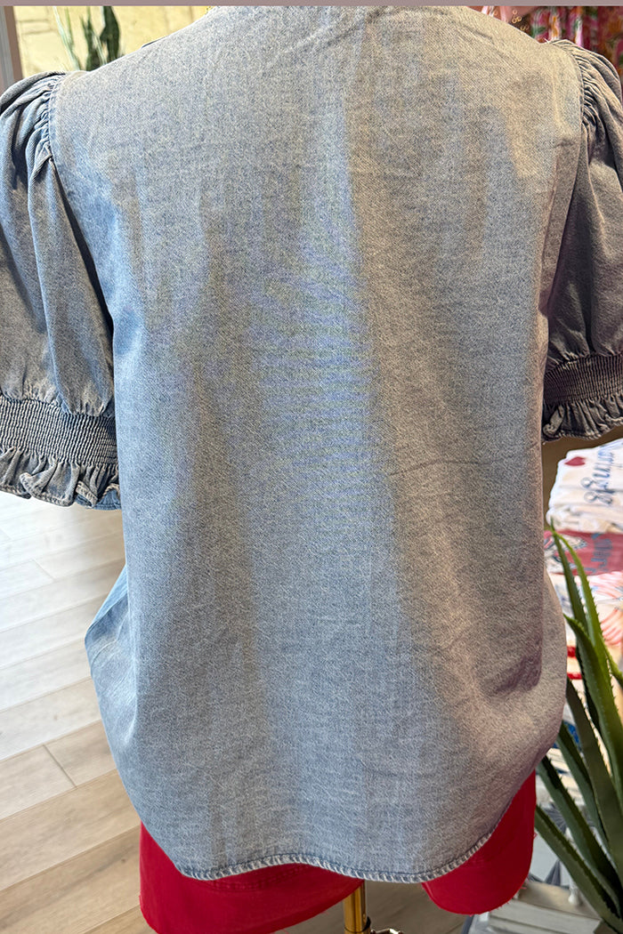 Puff Sleeve Trim Detail Denim Top