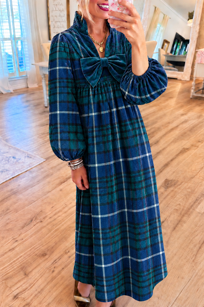 Green and Blue Plaid Bow Pocket Maxi Dress
