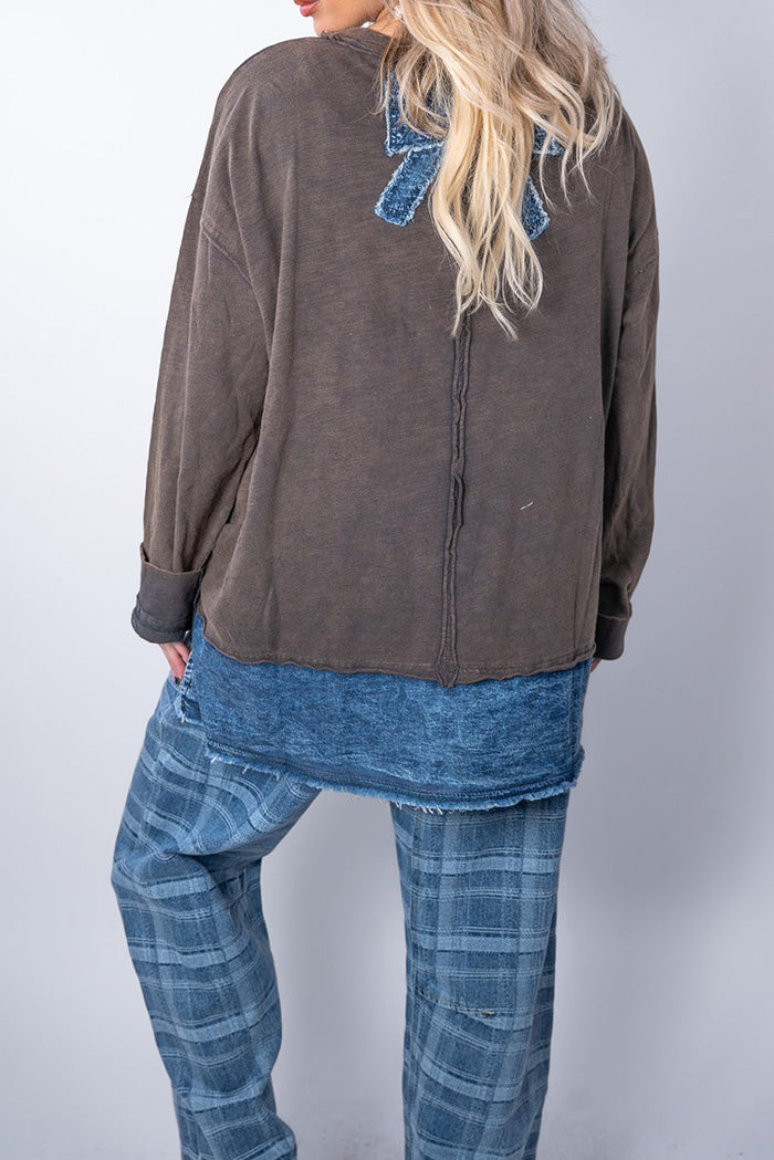 Denim Bow Patchwork Oversized Top