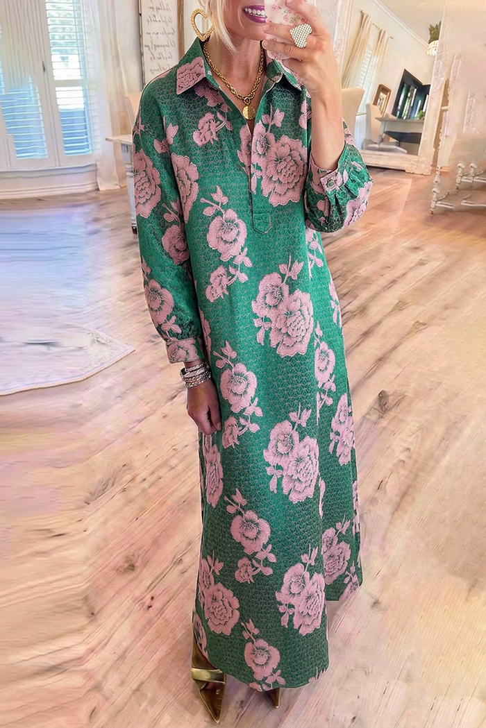 Green Pink Floral Jacquard Long Sleeve Pockets Maxi Dress