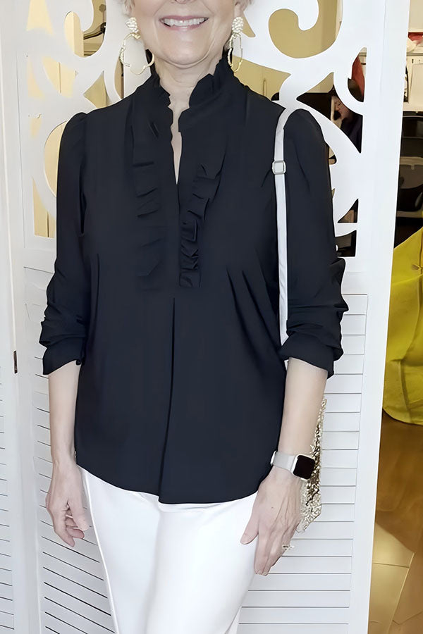 Pleated Collar Solid Color Blouse