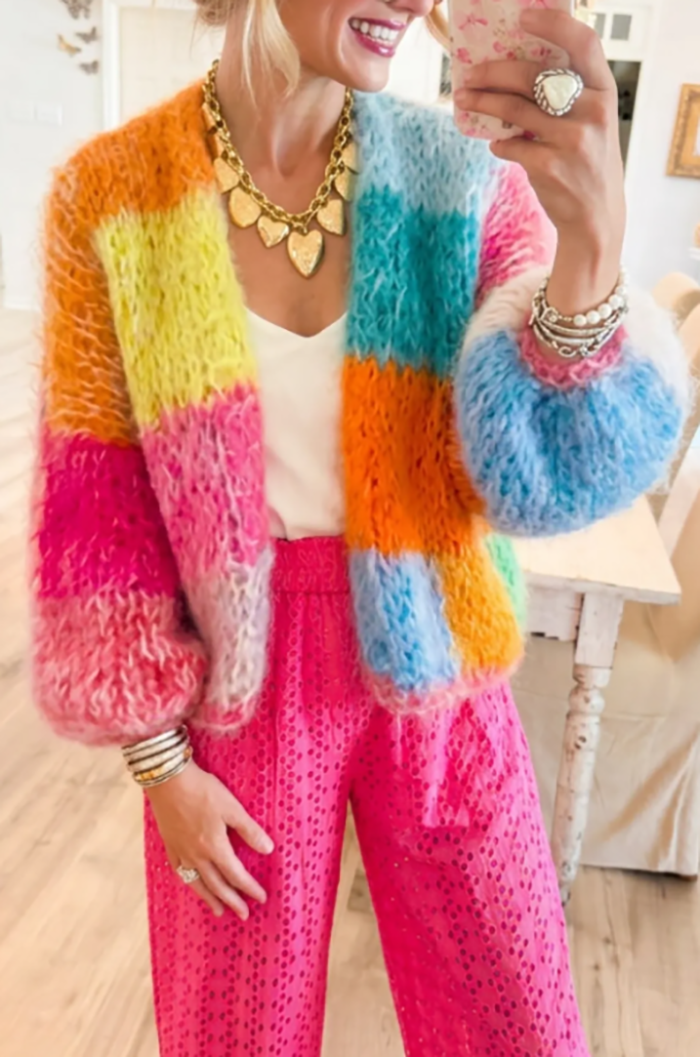 Casual Colored Block Knit Cardigan