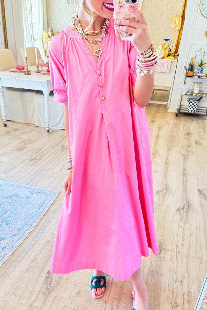 Pink Gold Heart Button Short Sleeve Midi Dress