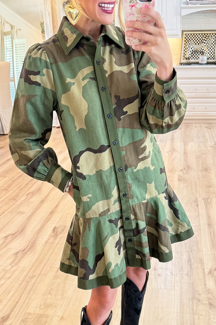 Camo Collared Button Front Puff Sleeve Ruffle Hem Denim Dress