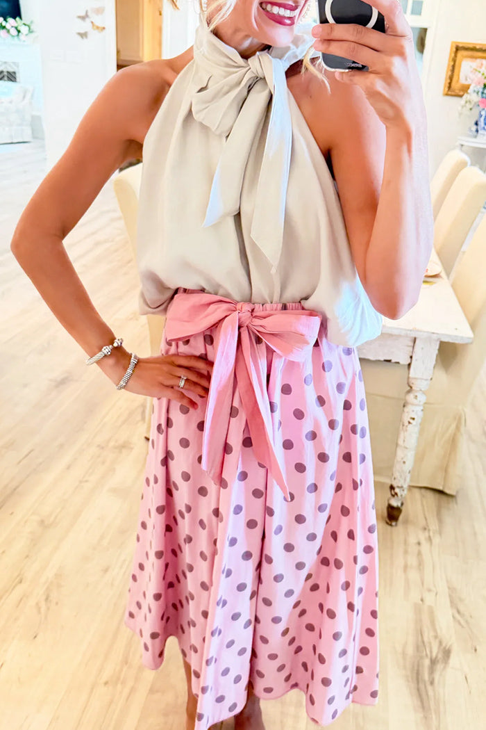 Cream Grey High Neck Bow Top