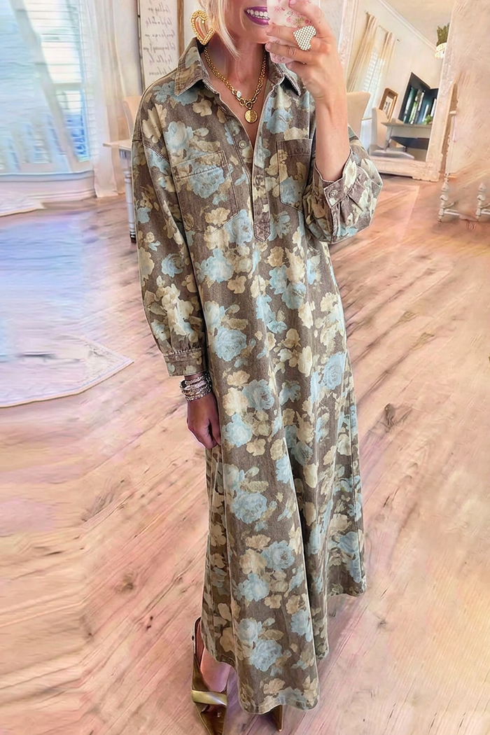 Brown Floral Denim Pocket Maxi Shirt Dress