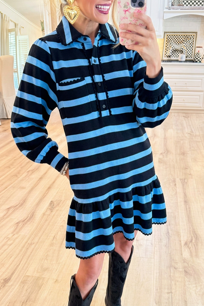 Stripe Collared Scallop Trim Pockets Ruffle Hem Knit Dress