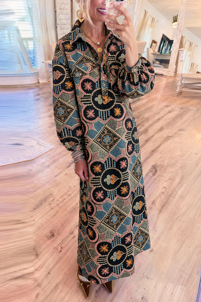 Point Collar Patch Pocket Puff Sleeve Maxi Dress