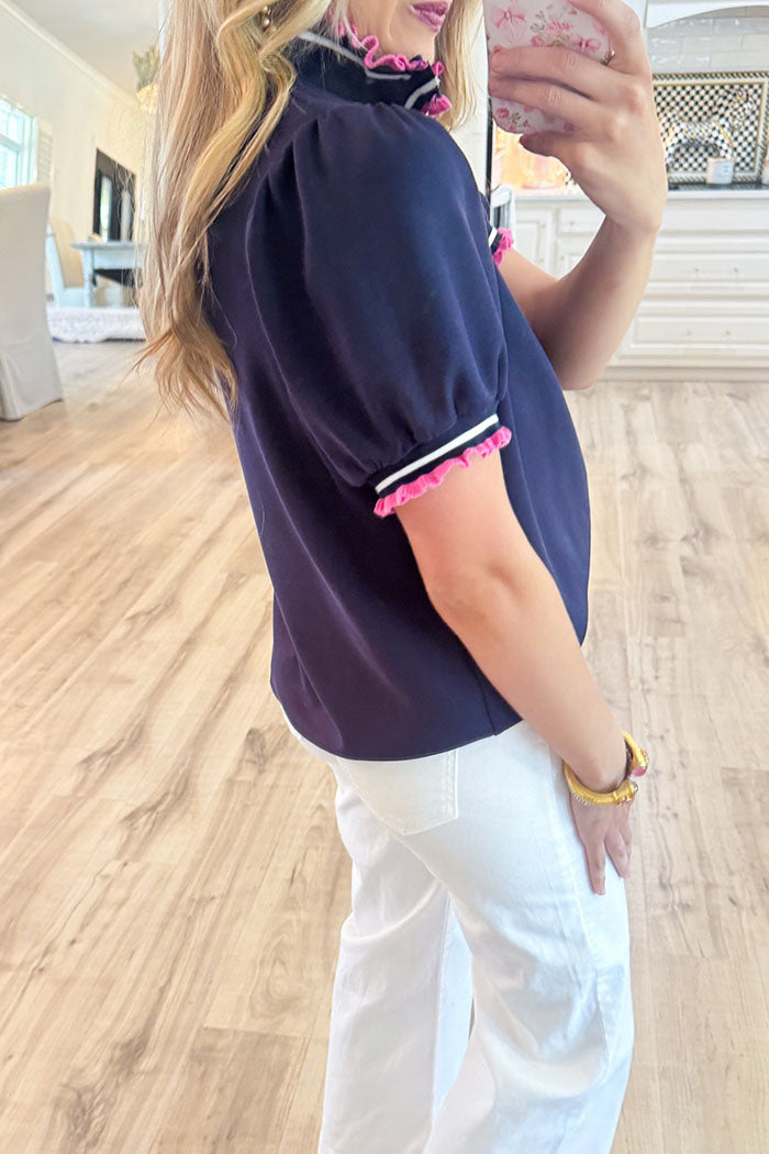 Striped Ruffle Neck Puff Sleeve Top