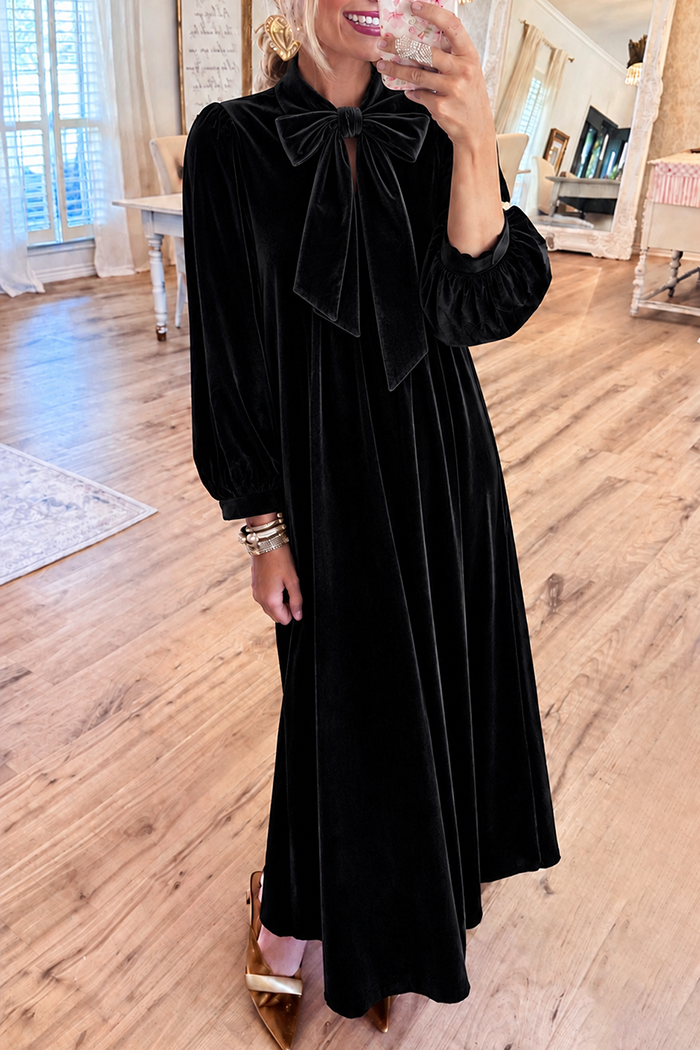 Black Velvet Bow Neck Lantern Sleeve Maxi Dress