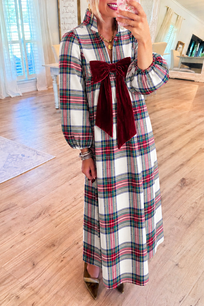 White Plaid Burgundy Velvet Bow Maxi Dress