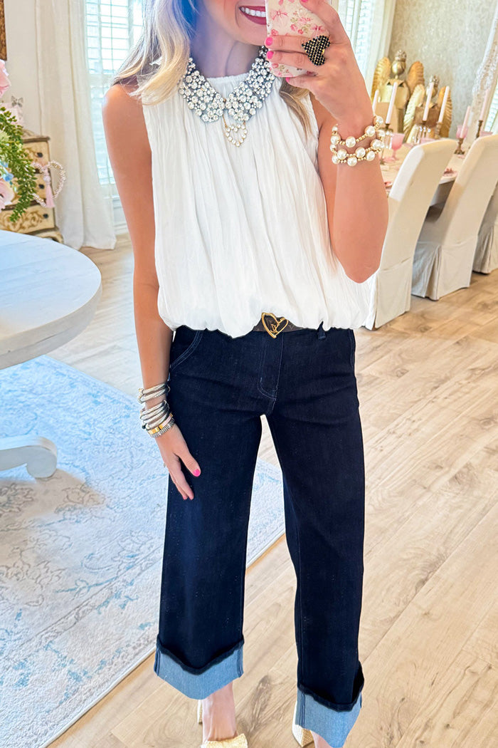 Dark Denim Wide Leg Cuffed Jeans
