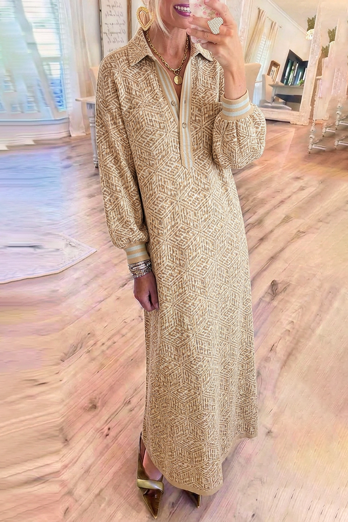 Jacquard Collared Striped Cuff Long Sleeve Pocket Maxi Dress