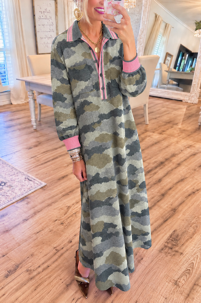 Camo Long Sleeves Pocket Knit Maxi Dress