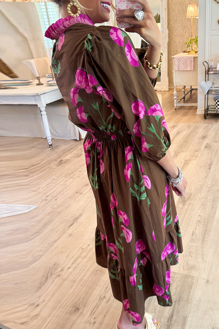 Mix Floral Ruffle Trim Midi Dress