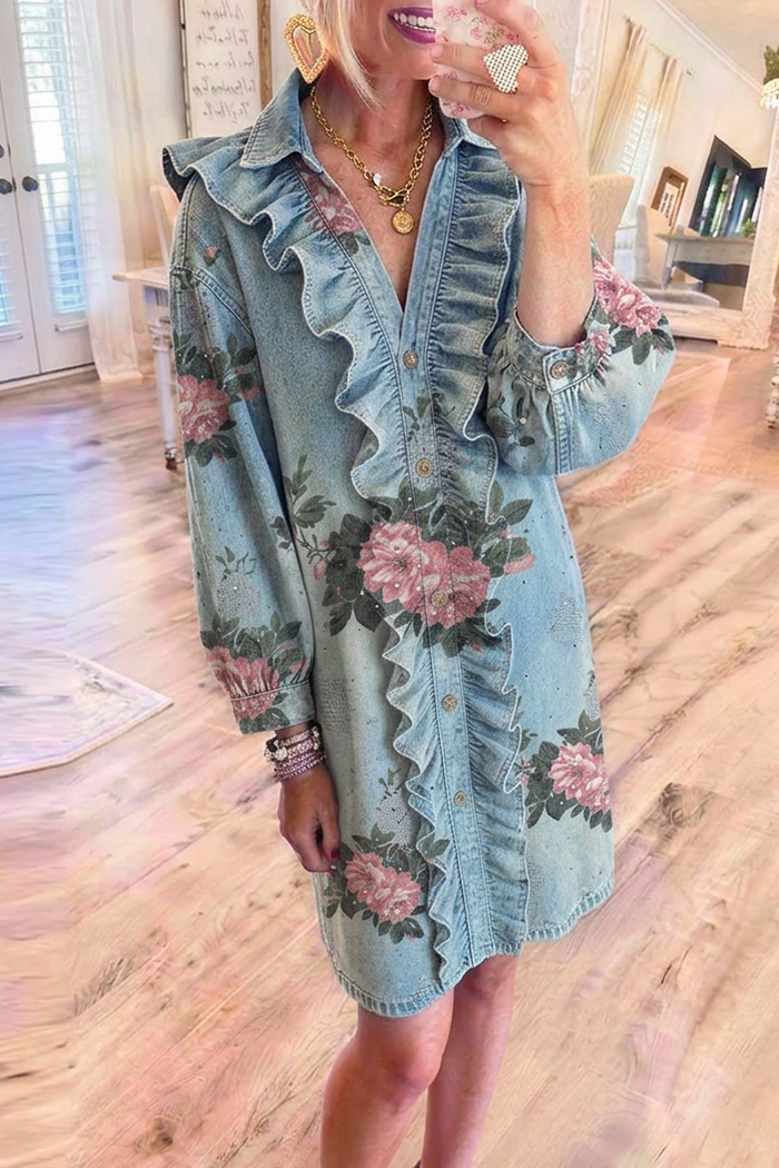 Light Wash Denim Ruffle Placket Floral Shirt Dress