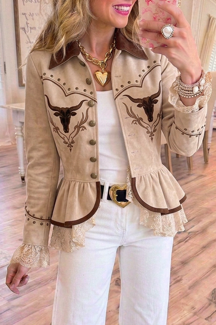 Beige Western Bull Head Embroidery Peplum Jacket