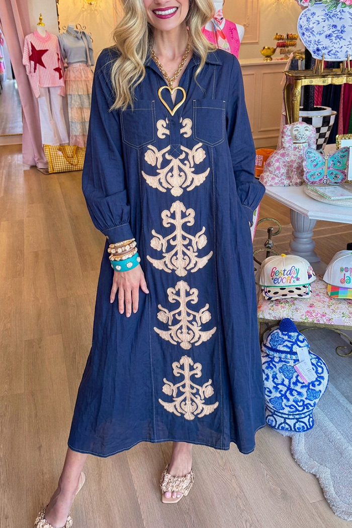 Collared Split Neck Pocket Denim Balloon Sleeve Maxi Dress