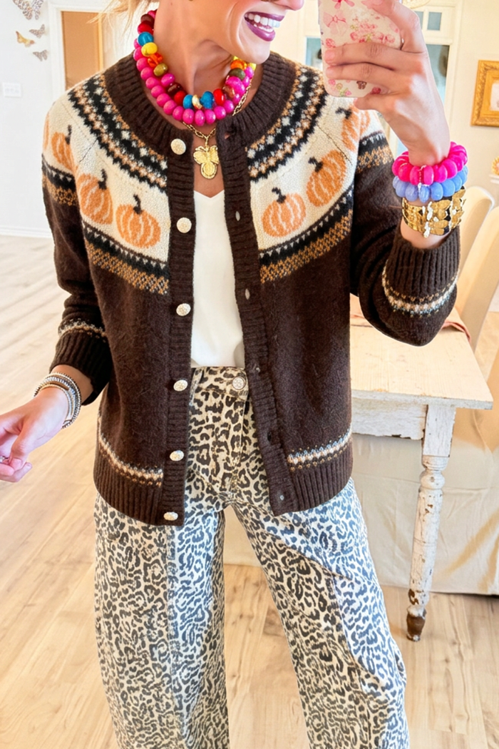 Casual Pumpkin Pattern Knit Cardigan