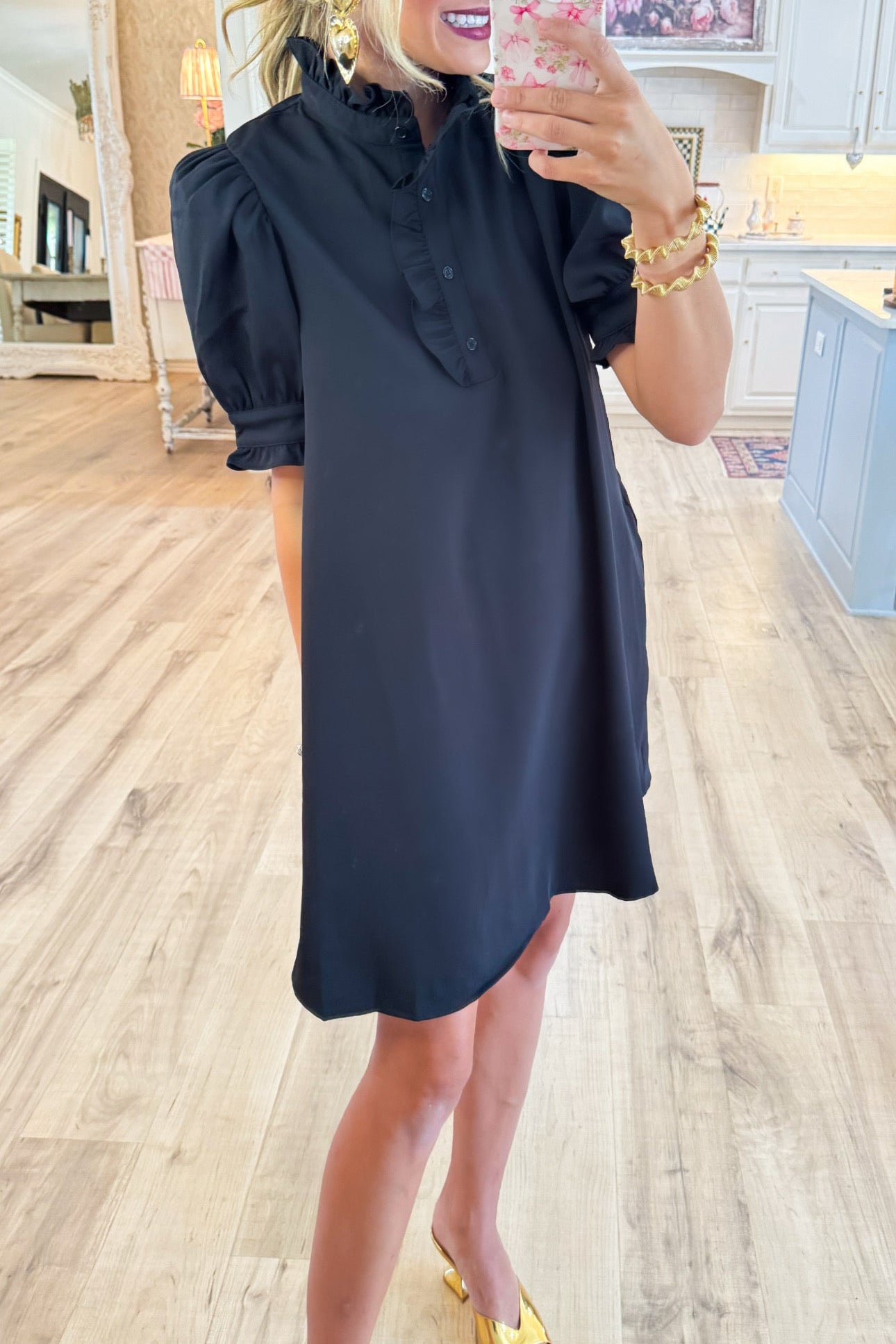 Black Ruffle Neck Pocket Dress