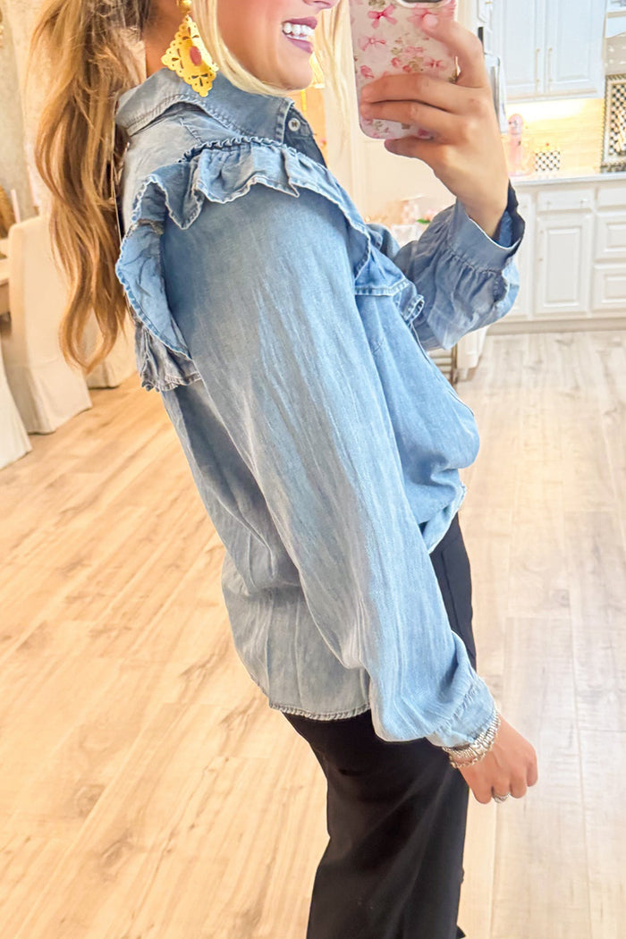 Denim Ruffle Button Up Top