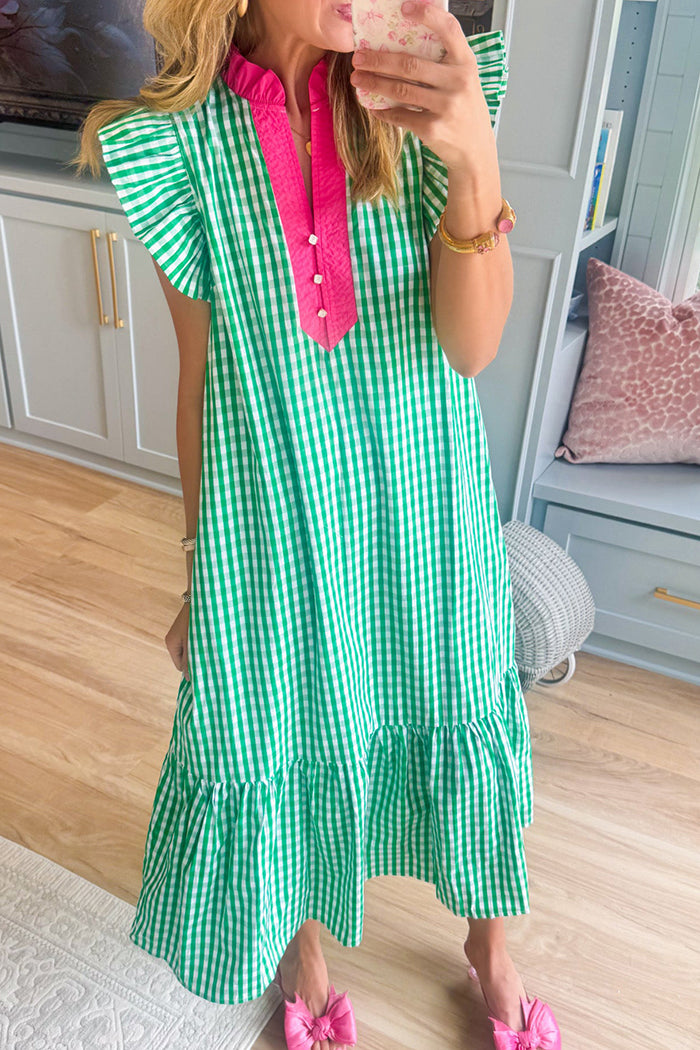 Gingham Flutter Sleeve Pocket Midi Dress