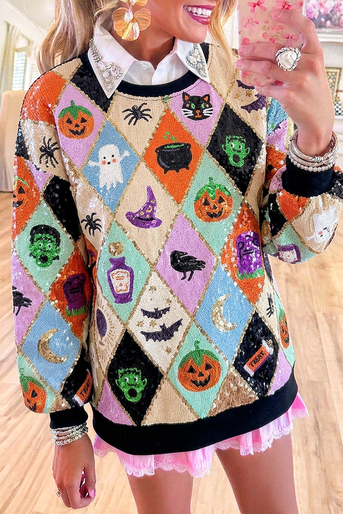 Halloween Motif Sequin Diamond Argyle Long Sleeve Crew Neck Sweatshirt