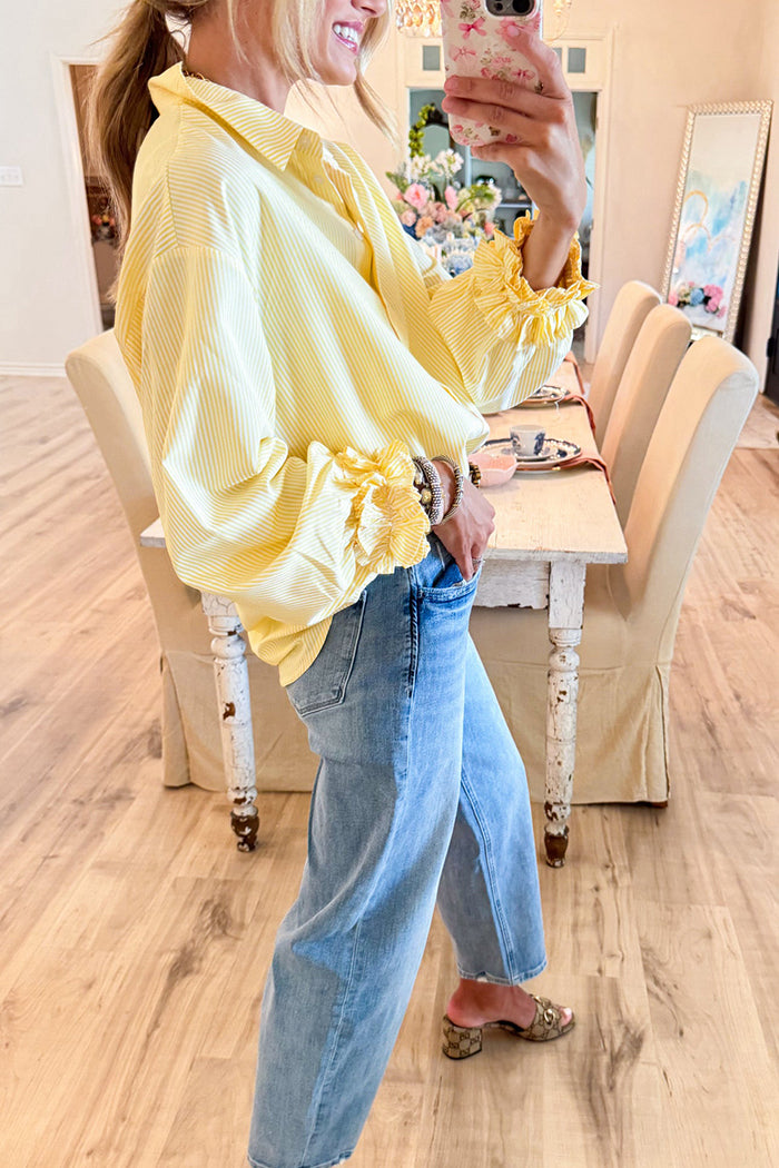 Casual Yellow Stripe Ruffle Detail Top
