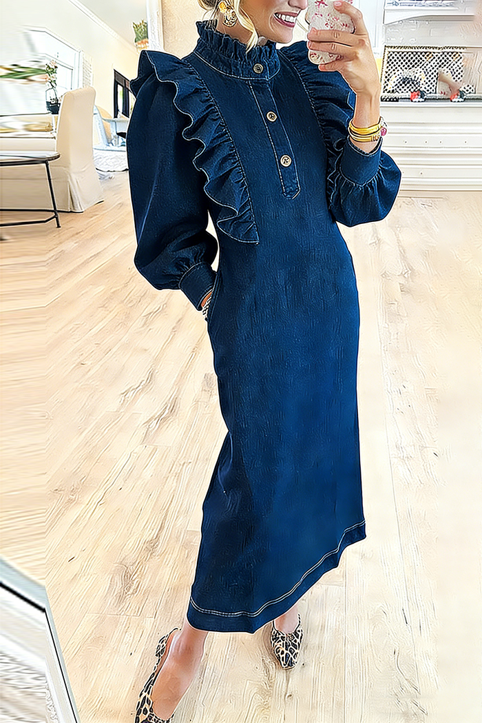 Frilled Mandarin Collar Pocket Denim Maxi Dress