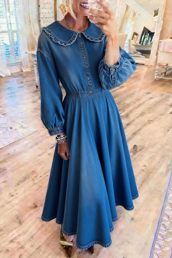 Ruffled Collar Denim Midi Dress