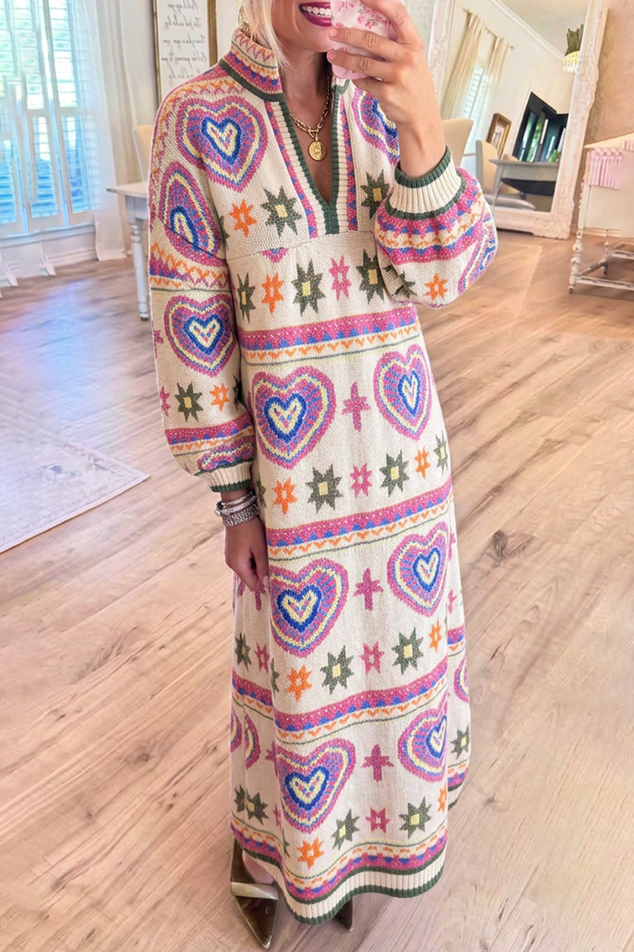 Heart Star Jacquard Knit Stand Collar Maxi Dress