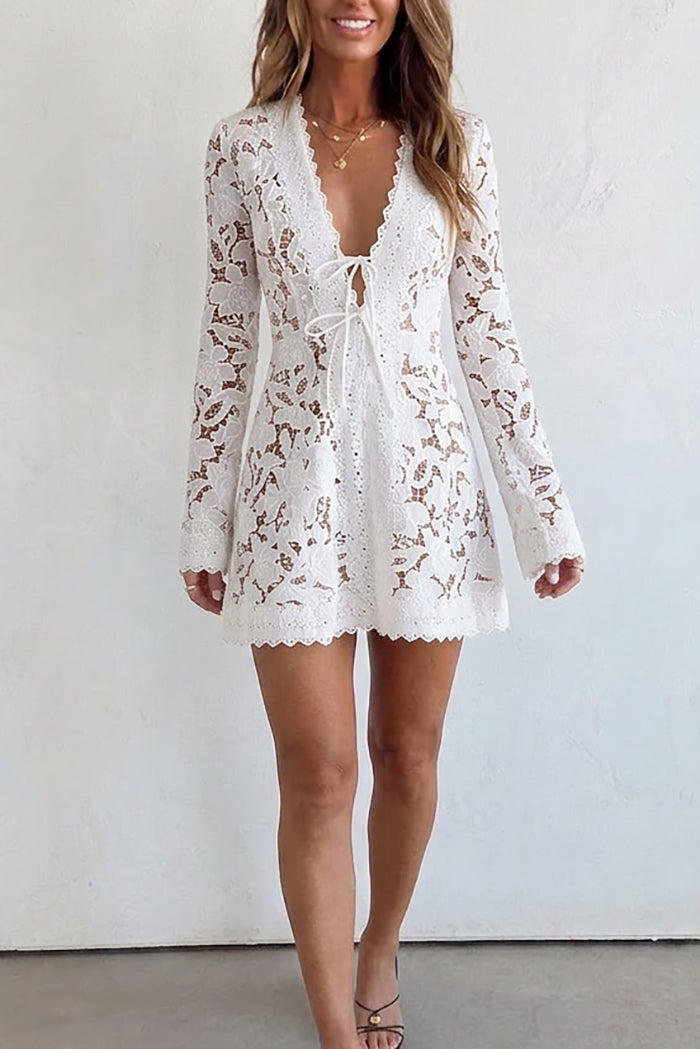 White Lace Long Sleeve Mini Dress