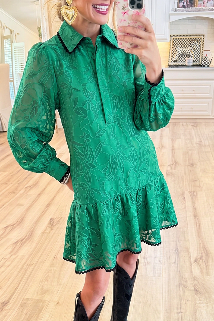 Floral Embroidery Balloon Sleeves Ruffle Hem Pockets Dress