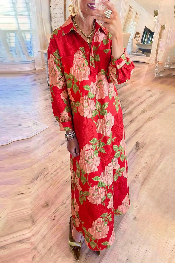 Floral Jacquard Long Sleeves Chest Pockets Maxi Dress