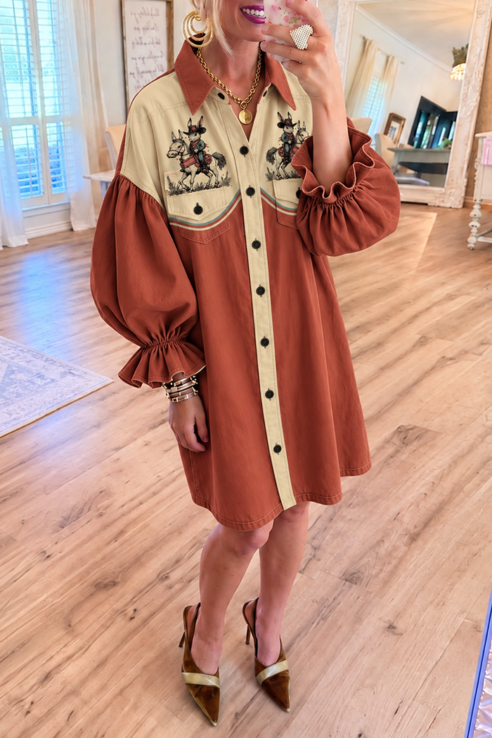 Rust Denim Cowboy Rabbit Bubble Ruffle Sleeve Pockets Dress