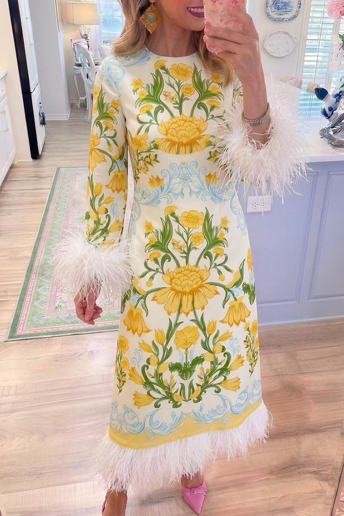 Floral Round Neck Pocket Feather Trim Dress